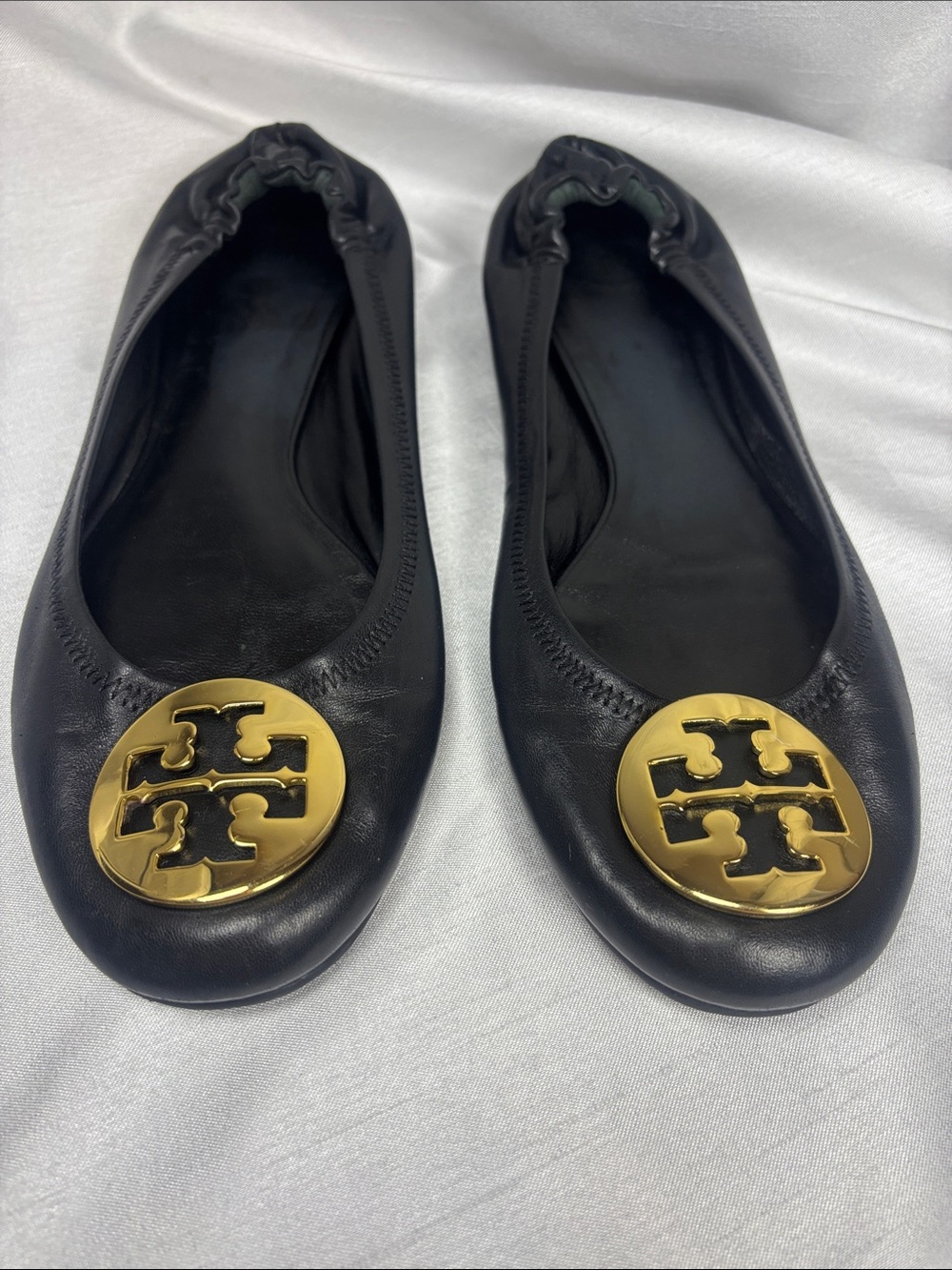 Tory Burch Black Leather Reva Ballet Flats with Gold Logo Medallion